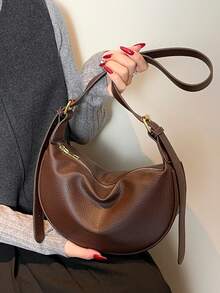 时尚新款女士单肩包，纯色简约PU皮革高端款，适合约会、购物，百搭大容量，精致美观 - 咖啡 - 查看 6