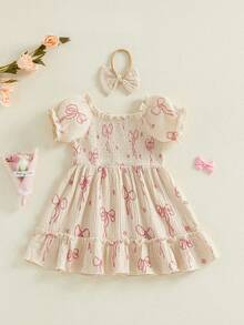 Vestido con estampado de lazo para niña pequeña: manga corta con volantes y diadema con lazo para uso informal de verano para fiestas o fotos. - Caqui - Ver 8