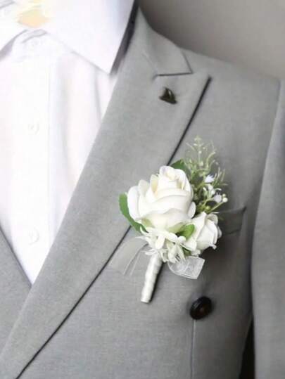 1pc/5pcs Set Wedding Accessories, White European Style Boutonniere, Faux Rose Boutonniere For Wedding Ceremony/Reception/Banquet Decor, Wedding Attire, Luxurious Lapel Flower For Groom, Bride, Groomsmen, Bridesmaids, Parents, Elders