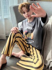 2pcs/Set Tween Boys Cartoon Puppy Print Crew Neck Long Sleeve Striped Autumn Wear, Soft Knit Fabric Children Casual Home Sleepwear - Black - View 5