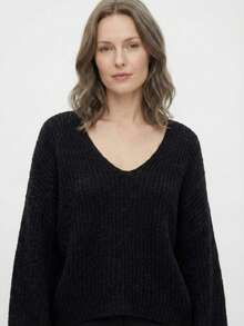 Bộ đồ liền thân bằng len co giãn rộng rãi đơn giản phong cách Bắc Âu dành cho nữ, mua sắm tại nhà, du lịch, mùa thu đông, mùa thu và mùa đông - màu đen - Xem 3