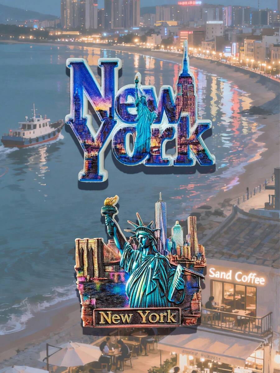 Ímã de geladeira com um dos principais pontos turísticos de Nova York: Estátua da Liberdade e vista noturna do horizonte. Lembrança de viagem, adesivo magnético 3D, presente decorativo criativo, sofisticado ímã de geladeira em PVC com resina em relevo 3D, decoração de cozinha, ímã com paisagem mundialmente famosa, presente para amantes de viagens. - Multicolorido - Ver 1