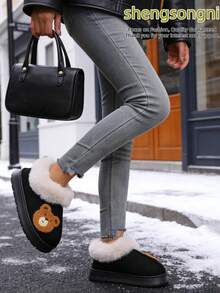 1. Fashionable And Cute Bear Theme Handbag, Plush Winter Bag, And Indoor Slippers. EVA Anti-Slip Thickened Sole Warm Shoes For Indoor And Outdoor. Couple's Indoor Slippers. Women's Black Casual Shoes.