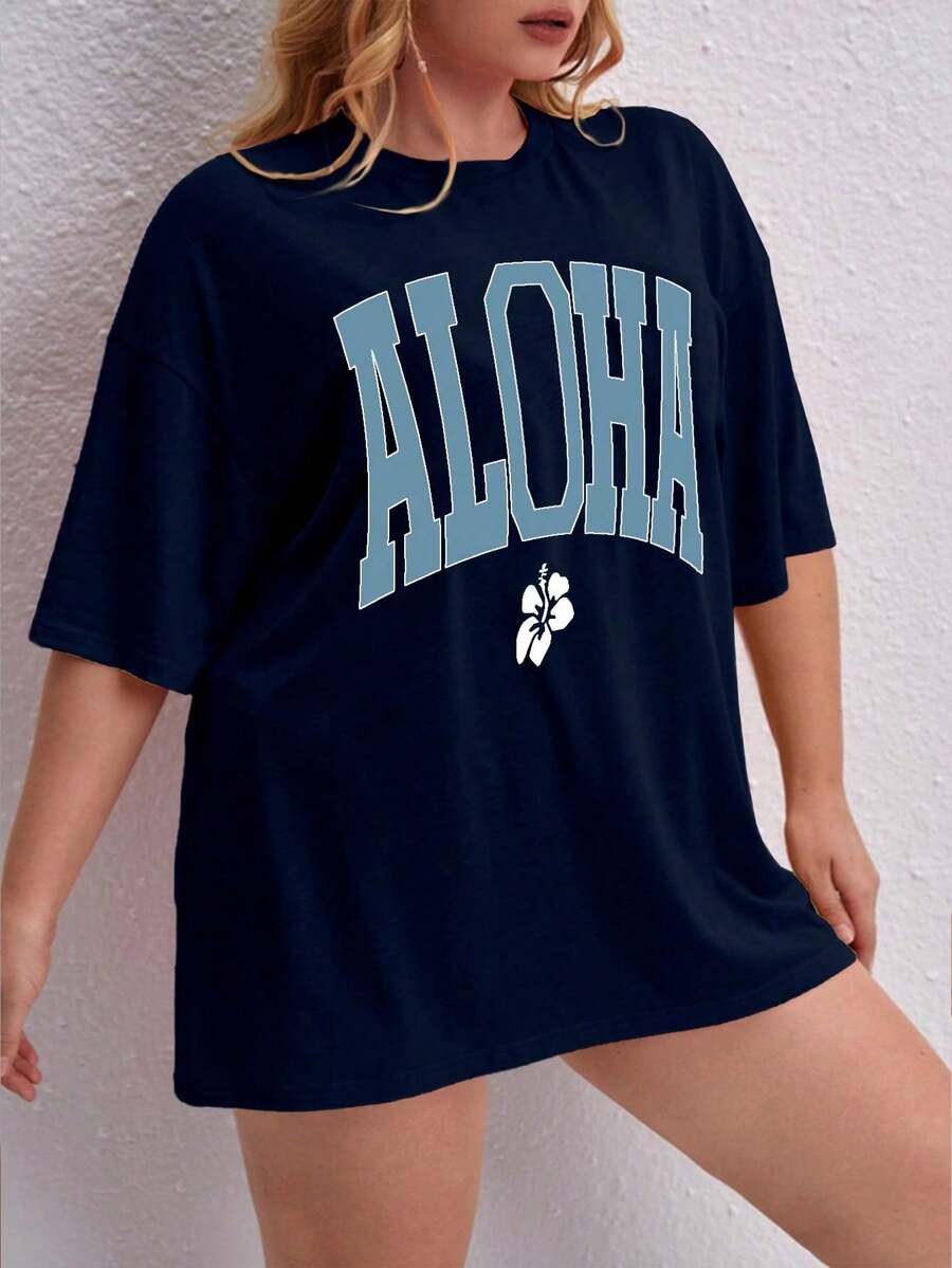 Oversized Printed Aloha Flower T-Shirt, Summer/Spring Short Sleeve Blouse, Lightweight Gym Wear - Navy Blue - View 1