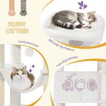HEXCELEN Cat Tree, 67" Large Tall Cat Tower For Indoor Cats, Multi-Level Cats House With Condo, 8 Scratching Posts, Hammock, 4 Pom Poms, Light Grey/Dark Grey - 白色 - 查看 5
