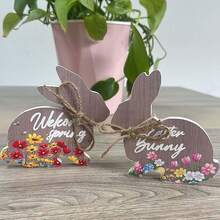 Bandeja escalonada de madera con diseño floral de conejo y letras de 4 piezas para decoración de mesa de Pascua - Multicolor - Ver 1