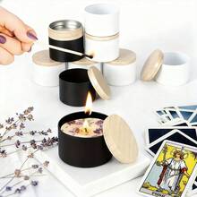 Black & White Metal Candle Jars With Wooden Lids, Available In Multiple Colors, Suitable For DIY Candle Making, Food Storage, And Gift Packaging