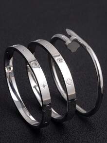 3pcs Zirconia Stainless Steel Women's Fashion Bracelet Set, 18K Gold Plated Stainless Steel Lucky Four-Leaf Clover Bracelet For Women, Suitable For Daily Wear, Gift For Girlfriend, Wife, Lover, Daughter, Female Friends - Silver - View 2