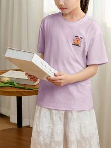 少女休闲紫色印花圆领短袖T恤，夏季上衣 - 紫色 - 查看 3