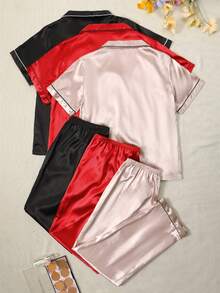 Pijama de mujer de unicolor con pantalones de manga corta y bordado de corazón de San Valentín - Rosa vieja - Ver 2