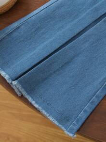 2pcs/Set Toddler Girls' Fashionable Cute Floral Embroidery Puff Sleeve Round Neck Top And Blue Denim Flare Pants Casual Outfit, Spring/Summer - Apricot - View 8