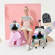 3件套女童拉杆背包套装，包括拉杆箱、斜挎包和铅笔盒，适合返校使用