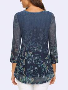 CheersLife Women 3/4 Sleeve Double Layer Mesh Fabric Printed Blouse - Dark Wash - View 2