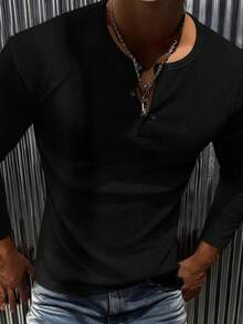 新款男士休闲经典罗纹亨利领轻薄百搭长袖T恤 - 黑色 - 查看 3