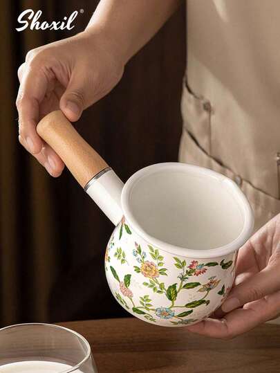 shoxil 4-Inch Mini Enamel Milk Pot And Butter Warmer, Coffee Pot, Tea Pot, Small Cooking Pot - Wooden Handle Small Skillet, Perfect For Heating Small Amounts Of Liquid, White, Essential For Kitchen | Stylish Kitchenware | Durable Enamel With Insulated Wooden Handle, Dual Spouts, Adorable Food Warmer, Mini Butter Pot Baby Food Pot For Frying And Cooking, Dual Spouts, Mini Insulated Cute Stew Pot, Great For Heating Small Amounts Of Liquid