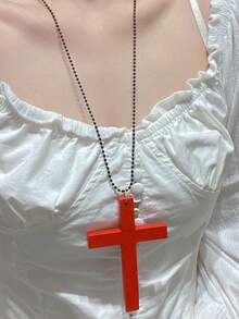 1pc Cross Pendant Long Necklace, Black Wooden & Metal, Unisex Punk Y2K Jewelry For Daily Outfit And Party Accessory - Black - View 10