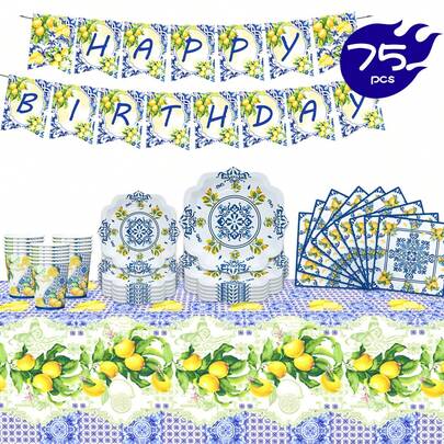 White Base Blue & White Floral And Lemon Happy Birthday Disposable Plate, Napkin, Cup, Tablecloth And Banner Set, Party Supplies Set Suitable For 16 Guests, Disposable Paper Plates For Birthday, Wedding, Theme Party, Family Picnic