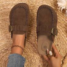 European Style Suede Mule Slippers, Buckle Strap Casual Backless Slip-On Loafers For Women