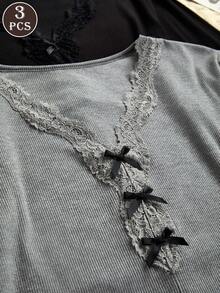 3pcs Slim Fit Sexy Lace V-Neck Ruffle Trim Women Long Sleeve Base Layer Tops - Multicolor - View 5