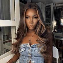 CEXXY 34-Inch Long, Honey-Blonde Ombré Lace Front Wig Made Of Real Human Hair, 250% Density, Body Wave, 13x4 HD Lace Front, Pre-Plucked, Brown Highlights, S1/30, Colored Lace Front, Glue-Free, For Women - S1/30 - Xem 4