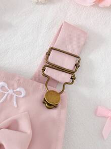 2件套女婴休闲时尚日常甜美可爱粉色针织竖条纹圆领荷叶袖连体衣和粉色编织蝴蝶结刺绣口袋背带短裤套装，夏季 - 粉色 - 查看 7