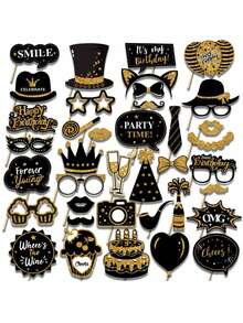 38pcs Gold Glitter Birthday Photo Booth Props, Birthday Party Decorations For Men & Women, Funny Cute Holiday Birthday Party Supplies (Gold & Black) - Multicolor - View 4