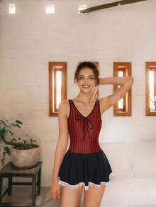 Houndstooth Casual Vacation 2 Pieces Swimsuit With Bowknot Skirt, Lace Trim, Medium Stretch Fabric, Backless - Red - View 1