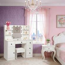 Large Dressing Table W/ 10 LED Lighted Mirror Lady Vanity Makeup Desk Stool Set - 白色 - 查看 6