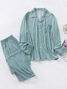 2pcs Men's Long Sleeve Pajama Set - Collared Button-Up Sleepshirt + Straight Leg Pajama Pants - Fashionable Plaid Print Loungewear Suitable For Outerwear - Mint Blue - View 1