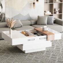 Mesa auxiliar de alto brillo de 70*70*39 cm con tablero extensible, mesa de centro cuadrada con almacenamiento oculto y divisores, blanco + color primario - Blanco - Ver 2