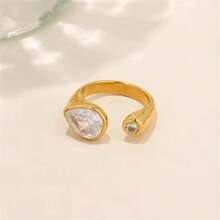 VKHK 1pc Luxury 18K Gold Plated Stainless Steel Sparkling Zirconia Water Drop Decor Single Ring, Suitable For Women Wedding Wear & Gift - Diamond Ring - View 5