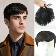 男士夹式合成假发片 | 瞬间增加稀疏部位的发量 | 长款侧分刘海 | 自然逼真，遮盖秃顶和白发 | 男士便捷夹式假发 - 黑色 - 查看 3