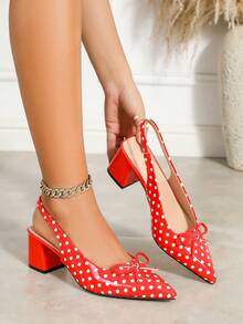 Women's Fashion Versatile Bow Tie Closed Toe Chunky Heel Sandals, Comfortable Non-Slip Breathable Hollow Out Backstrap High Heels - Red - View 2