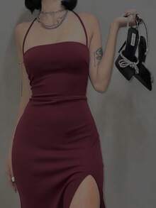 NEW Elegant Long Dress With Open Back, Lace-Up Back, Side Slit, Butt-Lifting, Slim Fit. - Gỗ đỏ - Xem 2