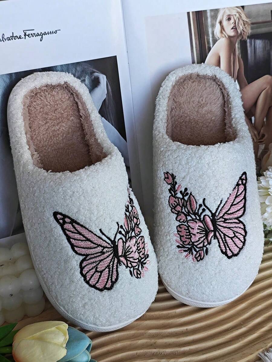 Butterfly Cute Casual Plush Fabric Cartoon Non-Slip Couple House Slippers, Home Winter - Pink - View 1
