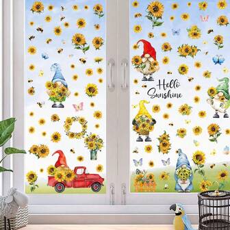 1 set med 6 fönsterklistermärken med vårmotiv, tecknade gnomer, inkluderar solros-, bil- och fjärilsmönster, avtagbara glasklistermärken, dekor för sovrum, vardagsrum, entré