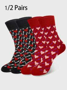 半双装男女通用黑红情人节袜子，可爱百搭的女士中筒袜，饰有浪漫的箭头和心形图案