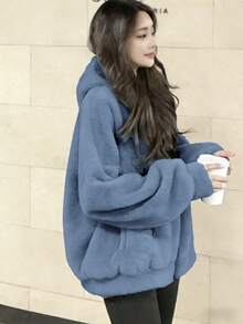 Drawstring Hooded Sweatshirt Style Plush Coat, Versatile European And American YK2 Style Fashionable Casual Versatile Women's Hooded Warm Cardigan Plush Top, Sweet And Spicy Style Jacket, High-End Feel, Warm Autumn And Winter New Street College Style Comfortable And Warm Plush Coat Women's Long-Sleeved Top, Spring And Autumn New Arrivals Outing Top, Cotton Women's Top, Women's Street Clothing Sports Top Women's Clothing, Casual And Comfortable Silhouette, Soft And Warm Fur, Blue Top, Autumn And Winter New Fleece-Lined, Jacket, Abrigos Mujer De Invierno, Plumifero Mujer, Anorak De Mujer, Abrigos Mujer De Invierno>Elegante, Plumas Mujer Abrigo, μπουφάν, Winterjas, Bodywarmer, Abrigo, Giubbotto Donna Invernale Curvy, Outfit Capodanno, Solid Color, Loose Fit Fashionable Women's Top - Blue - View 5