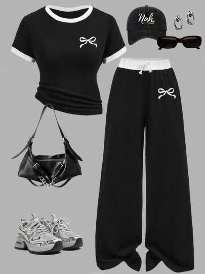 Conjunto de top de manga corta y pantalones con estampado de lazos de dibujos animados para niñas preadolescentes