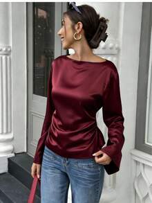 Nouvelle blouse élégante et romantique pour femmes, style casual urbain, col rond, manches chauve-souris longues, taille avec lien, coupe régulière. Convient pour les enseignantes, le printemps/été/automne, l'aéroport, les sorties, les vacances, les occasions décontractées - Rouge foncé - Voir 3