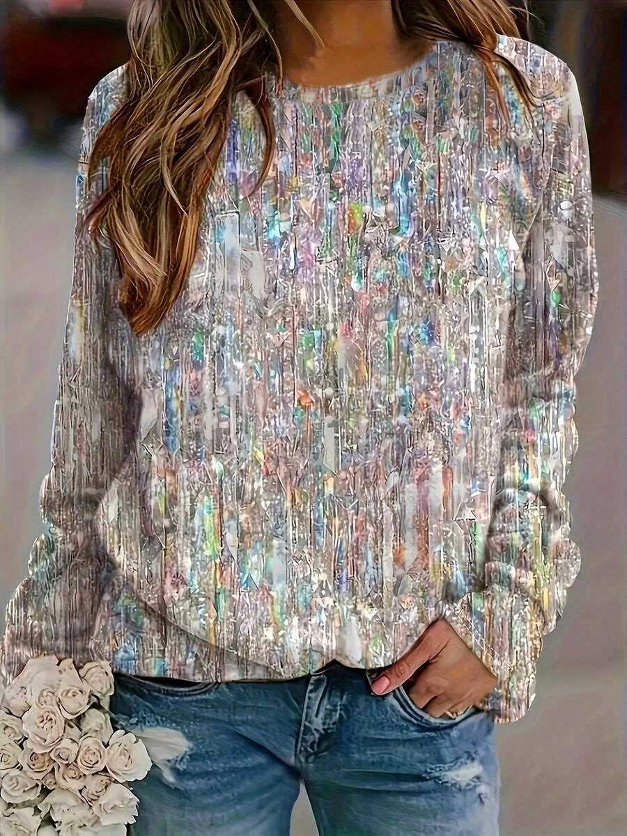 Long Sleeve Allover Print Crew Neck T-Shirt, Casual Top For Spring & Fall, Is An Excellent Gift For Mothers, Birthdays Or Christmas - Nhiều màu - Xem 1
