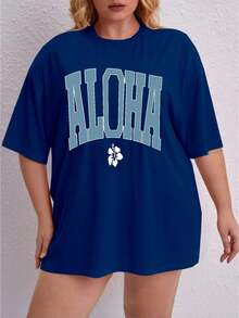 Oversized Printed Aloha Flower T-Shirt, Summer/Spring Short Sleeve Blouse, Lightweight Gym Wear - Royal Blue - View 6
