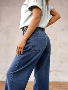 Quần jeans nữ ống đứng, quần jeans cạp cao co giãn dáng rộng, quần jeans túi rộng kiểu dáng thường ngày, quần jeans chất lượng cao. - Rửa trung bình - Xem 5