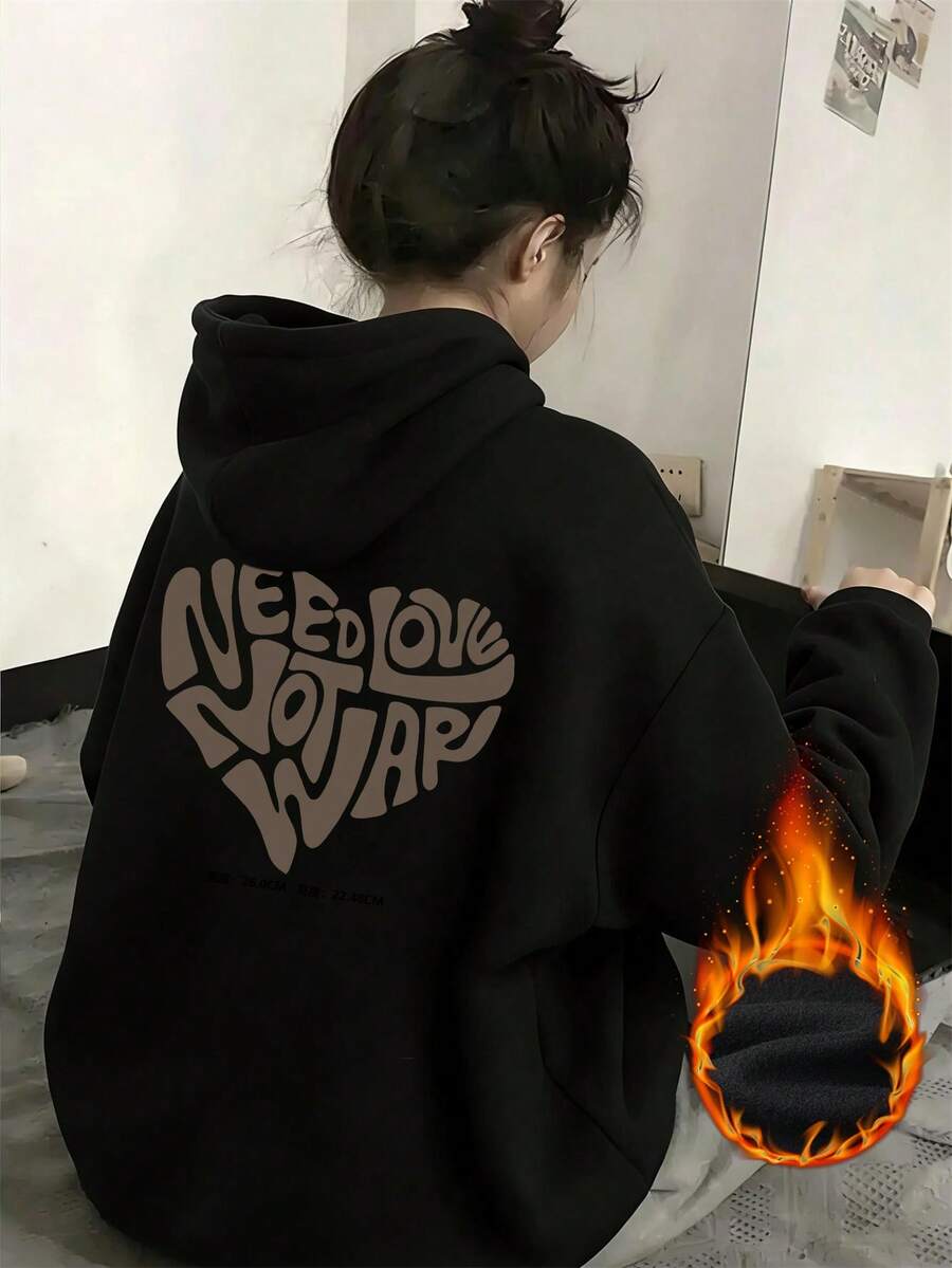 宽松字母印花保暖内衬卫衣 - 黑色 - 查看 1