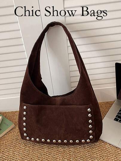 2025 Vintage Rivet Single-Shoulder Underarm Bag, European And American Fashion Motorcycle Bag, Minimalist Large-Capacity Versatile Handbag. Suitable For Daily Travel. This Underarm Bag Is Lightweight And Can Hold A Mobile Phone, Lipstick, Tissues And Everything Else Just Right. It Is Also Suitable For Daily Gatherings With Good Friends. It Can Not Only Hold Daily Necessities But Also Elevate Your Outfit To The Next Level