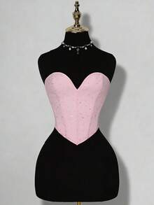 可爱粉色亮片水钻抹胸，鱼骨紧身胸衣，女士塑身衣，适合日常穿着、节日、圣诞礼物，女士紧身露脐塑身衣 - 粉色 - 查看 3