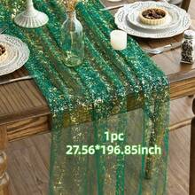 1/2pcs 27.56*118.11/196.85 Inch Red Sheer Chiffon Transparent Table Runner, Glitter Metallic Foil, Red Party Table Decor Center Piece, Suitable For Boho Romantic Table Runner, Fit For Birthday, Bridal Shower Decor, Party, Dining Table Decoration (Multi-Color Available)