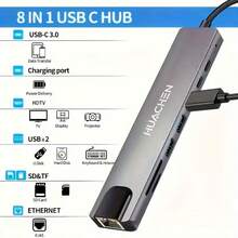 八合一 Type-C 擴充塢 - 支援 4K 高畫質電視輸出、USB 3.0 5Gbps SD/TF 讀卡機、RJ45 乙太網路埠、PD 100W USB-C 集線器，適用於硬碟、鍵盤、滑鼠、相機、印表機、網路攝影機及電子設備 - 銀灰色 - 查看 9