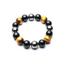 Triple Protection Bracelet-For Protection-Tiger Eye Stone-Hematite-Black Obsidian-Crystal Gemstone Bracelet-12mm Beaded Stretch Bracelet-Smallest,Small,Medium,Large Size-Bring Good Luck And Prosperity,SmallestSize - 最小尺寸 - 查看 1