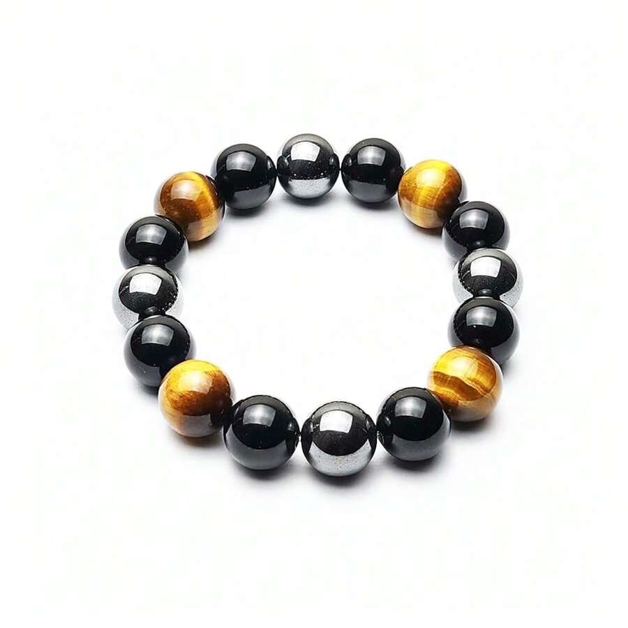 Triple Protection Bracelet-For Protection-Tiger Eye Stone-Hematite-Black Obsidian-Crystal Gemstone Bracelet-12mm Beaded Stretch Bracelet-Smallest,Small,Medium,Large Size-Bring Good Luck And Prosperity,SmallestSize - 最小尺寸 - 查看 1